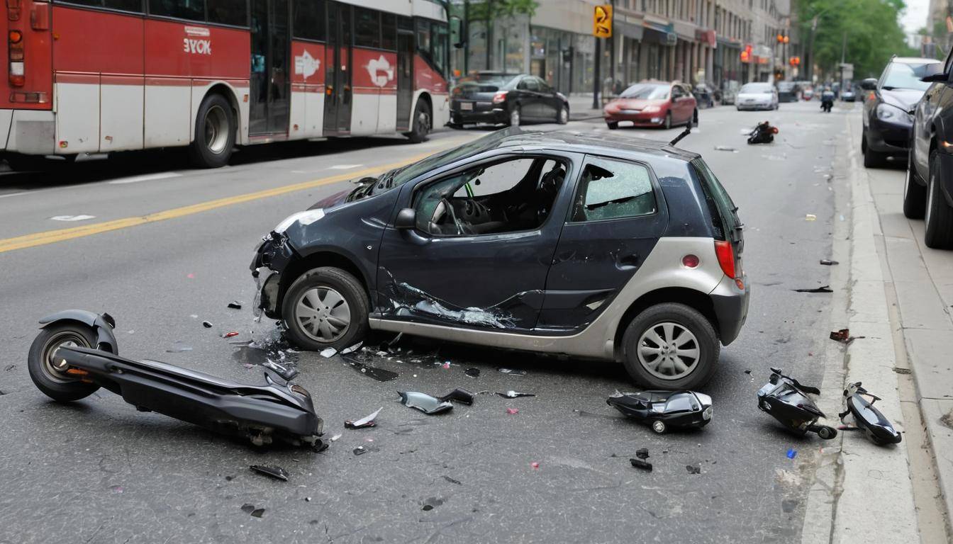 A motorized scooter accident involving a car, with the scooter rider sustaining injuries, dealing with legal claims, insurance coverage, liability, compensation, and damages in a legal setting with a car accident attorney.