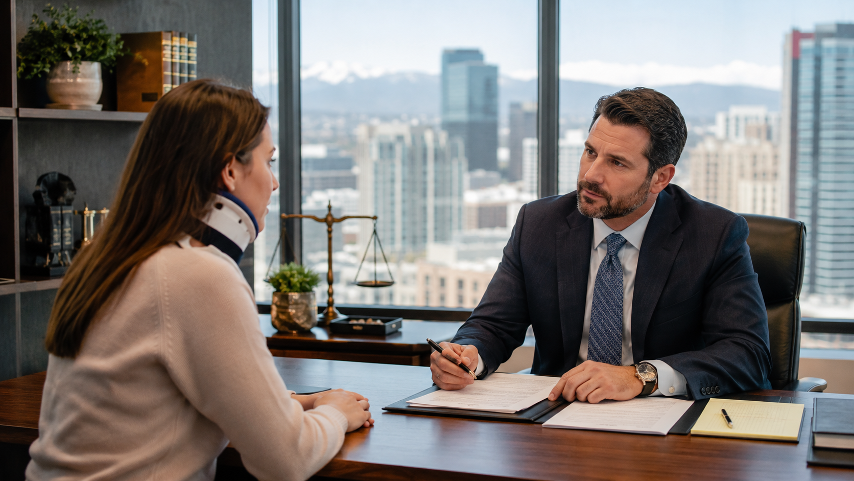 Car accident victim in a consultation with a personal injury lawyer about legal representation, claim costs, insurance, settlement, injury compensation, damages, and lawsuit options