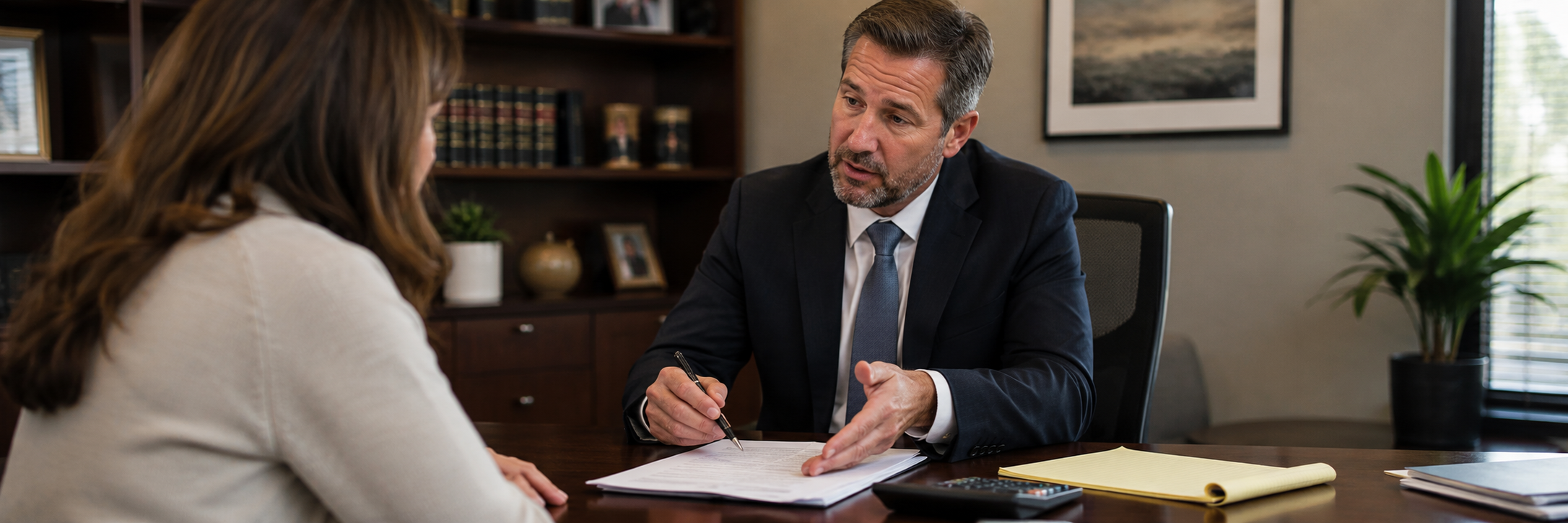 Car accident attorney and client reviewing settlement documents during negotiation for personal injury damages, insurance compensation, legal representation, and lawsuit payment options.