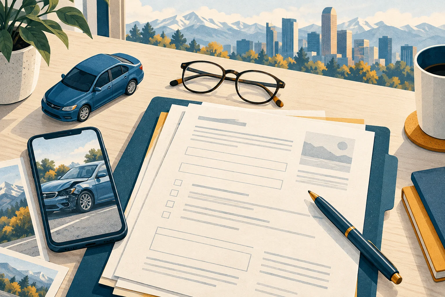 Illustration of organized accident paperwork, a model car, and a phone displaying a vehicle photo
