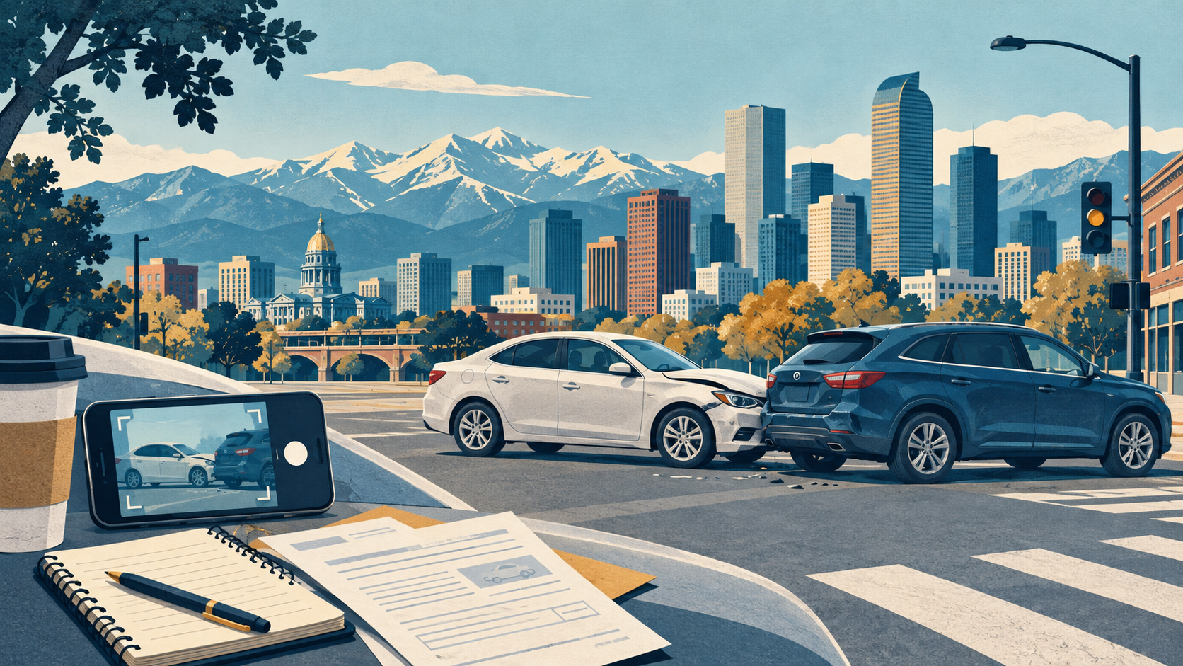 Original illustration of a minor Denver car collision with the skyline, mountains, a phone, and an evidence notebook