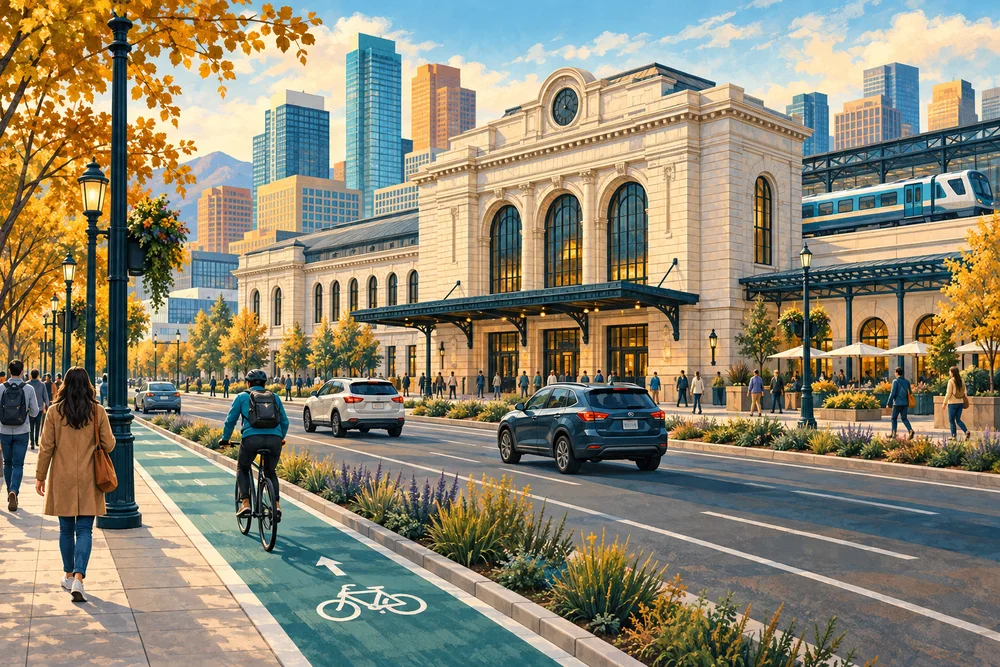 Conceptual illustration of Denver city travel with pedestrians, a cyclist, cars and a Union Station-inspired building.